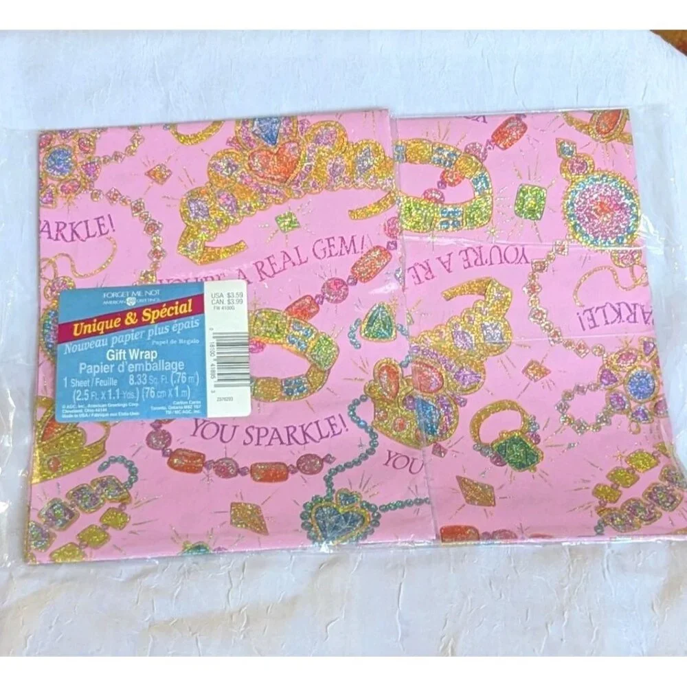 2 NOS American Greetings Gift Wrapping Paper Prismatic You're A Gem Glitter Vtg